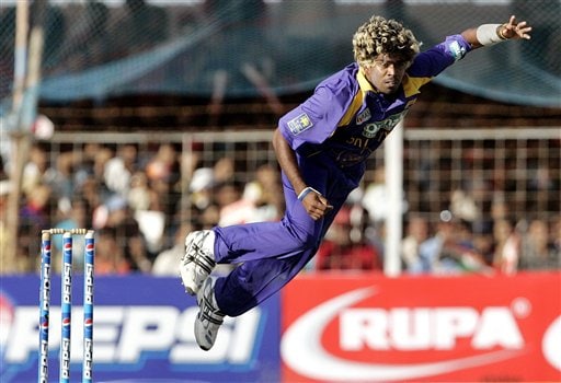 Sri Lankan cricketer Lasith Malinga delivers a ball against India during the second one-day international in Rajkot, India, Sunday, February 11, 2007. Ind-SL 2nd ODI