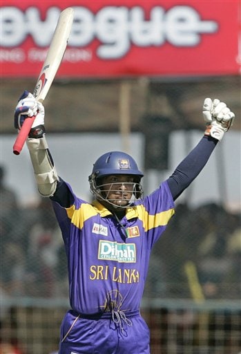 Sri Lankan cricketer Kumar Sangakkara celebrates his century against India during the second one-day international in Rajkot, India, Sunday, February 11, 2007. Ind-SL 2nd ODI