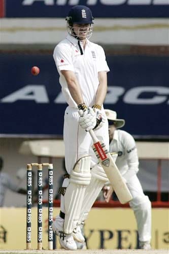 England's James Anderson gestures as he faces a bouncer during second day of the first Test match between India and England in Chennai on Friday.(AP Photo) India vs England: 1st Test, Day 2