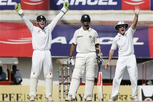 England's Matt Prior and Paul Collingwood appeal successfully against India's Rahul Dravid during the second day of the first Test between India and England in Chennai on Friday.(AP Photo) India vs England: 1st Test, Day 2
