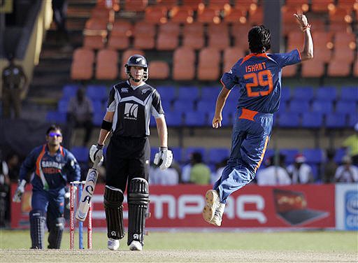 India's Ishant Sharma jumps after taking a catch to dismiss New Zealand's Jacob Oram during their ODI match for the tri-nation series in Colombo on Friday. (AP Photo) Tri-series: IND vs NZ