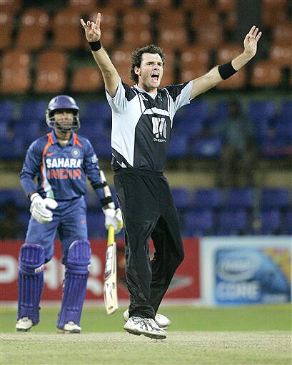 New Zealand's Kyle Mills appeals successfully for the dismissal of India's Dinesh Karthik during their ODI match for the tri-nation series in Colombo on Friday. (AP Photo) Tri-series: IND vs NZ