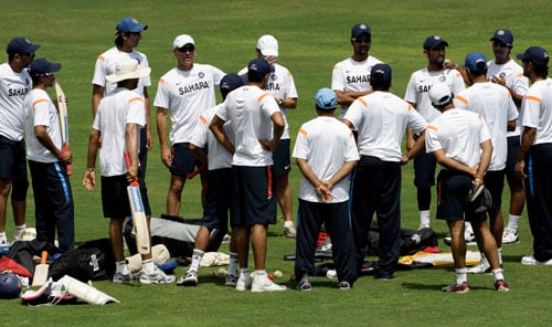 Gary Kirsten speaks to his players at the beginning of a practice session at Sabina Park in Kingston. (AP Photo) WI tour: India in nets