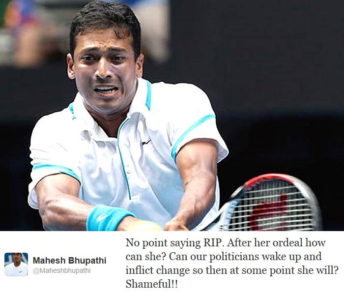 Tennis player Mahesh Bhupathi was visibly angry with the system and the authority. He tweeted: "No point saying RIP. After her ordeal how can she? Can our politicians wake up and inflict change so then at some point she will? Shameful!!"
