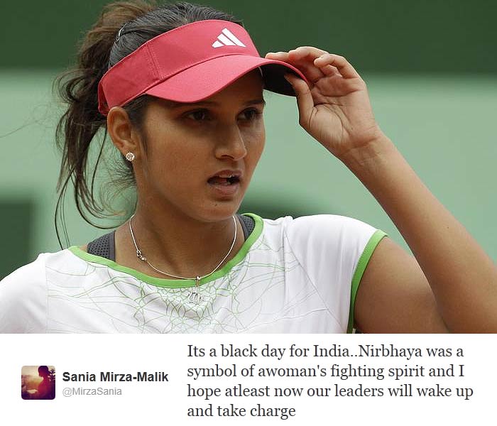 Sania Mirza, India's top women's tennis player, tweeted: "Its a black day for India..Nirbhaya was a symbol of awoman's fighting spirit and I hope atleast now our leaders will wake up and take charge"
