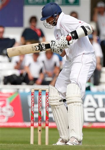 Steve Harmison gets hit by a ball off the bowling of Peter Siddle on Day 1 of the fourth Test between England and Australia in Leeds. (AP Photo) Ashes: 4th Test, Day 1
