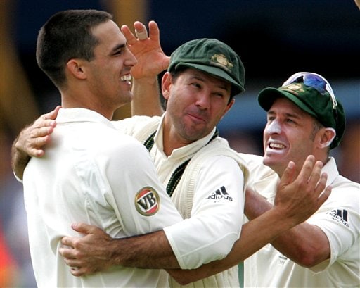 Mitchell Johnson celebrates the wicket of England's Ian Bell with captain Ricky Ponting on Day 1 of the fourth Test between England and Australia in Leeds. (AP Photo) Ashes: 4th Test, Day 1