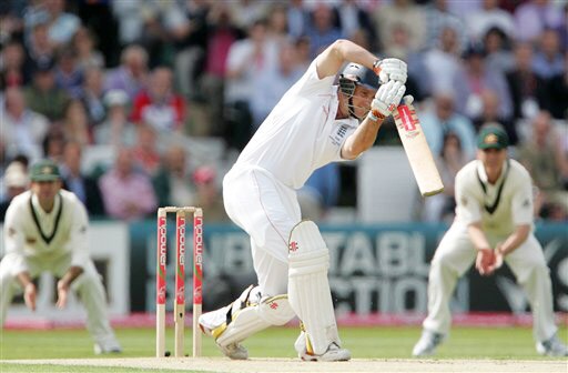 England captain Andrew Strauss plays a shot off the bowling of Ben Hilfenhaus on Day 1 of the fourth Test between England and Australia in Leeds. (AP Photo) Ashes: 4th Test, Day 1