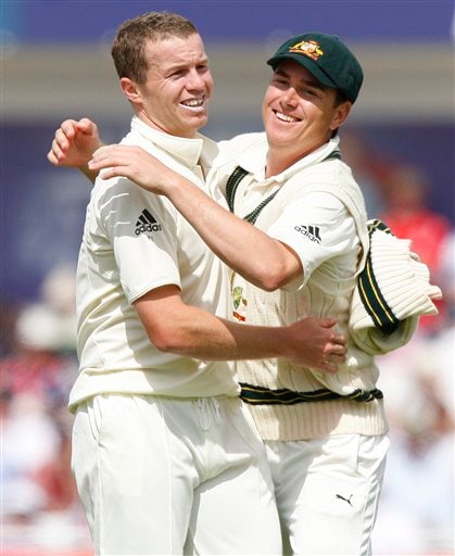 Peter Siddle celebrates with Marcus North after bowling out England on Day 1 of the fourth Test between England and Australia in Leeds. (AP Photo) Ashes: 4th Test, Day 1