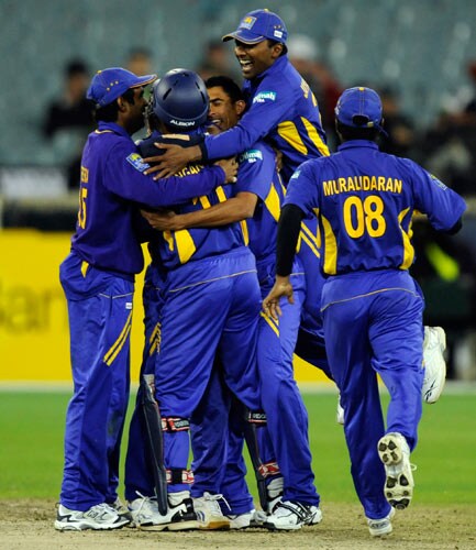 Sri Lankan players celebrate after defeating Australia in their one-day international cricket match at the Melbourne Cricket Ground on Friday, February 29, 2008. 12th match - Australia vs Sri Lanka