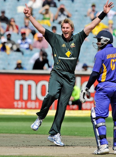 Brett Lee from Australia celebrates the wicket of Dilruwan Perera during the one-day international cricket match against Sri Lanka at the Melbourne Cricket Ground on Friday, February 29, 2008. 12th match - Australia vs Sri Lanka