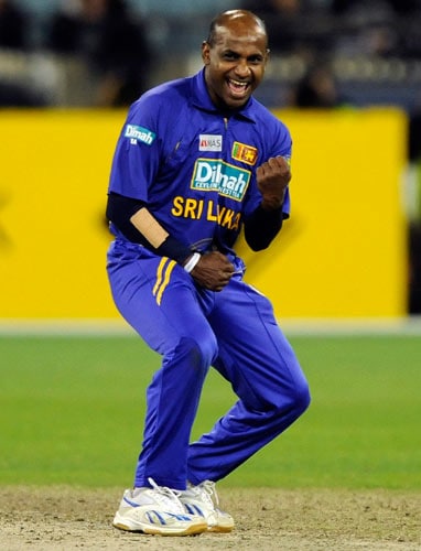 Sanath Jayasuriya from Sri Lanka celebrates the final wicket of Brett Lee to defeat Australia during their one-day international cricket match at the Melbourne Cricket Ground on Friday, February 29, 2008. 12th match - Australia vs Sri Lanka