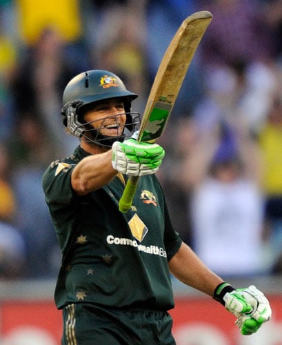 Adam Gilchrist celebrates while batting during their one-day international cricket match against Sri Lanka at the Melbourne Cricket Ground on Friday, February 29, 2008. 12th match - Australia vs Sri Lanka