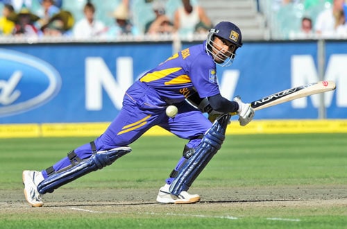 Sanath Jayasuriya from Sri Lanka hits a single to bring up his 50 runs during the one day international cricket match against Australia at the Melbourne Cricket Ground on Friday, February 29, 2008. 12th match - Australia vs Sri Lanka