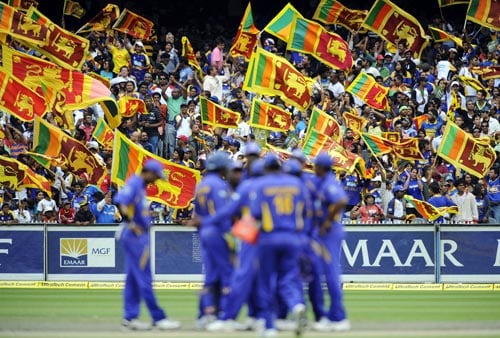 Sri Lankan flags fly as the Sri Lankan team celebrates the wicket of Michael Clarke during the one-day international cricket match against Australia at the Melbourne Cricket Ground on Friday, February 22, 2008. 9th match - Australia vs Sri Lanka