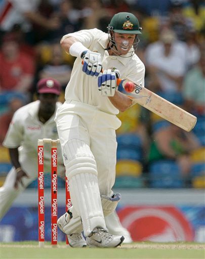 Australia's Michael Hussey plays a stroke during the opening day of the third and final cricket Test match against the West Indies in Bridgetown on Thursday, June 12, 2008. 3rd Test, Australia vs West Indies, Day 1