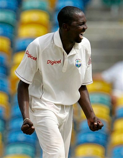 West Indies's spinner Sulieman Benn celebrates after taking the wicket of Australia's batsman Brad Haddin, LBW for 32 runs, on the opening day of their third and final cricket Test match in Bridgetown on Thursday, June 12, 2008. 3rd Test, Australia vs West Indies, Day 1