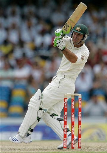 Ricky Ponting hits a six on the opening day of the third and final cricket Test match against the West Indies in Bridgetown on Thursday, June 12, 2008. 3rd Test, Australia vs West Indies, Day 1