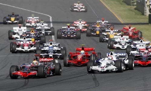 McLaren Mercedes Formula One driver Lewis Hamilton of Great Britain leads the field into turn one at the start of the Australian Grand Prix at the Albert Park circuit in Melbourne on Sunday, March 16, 2008. F 1: Australian Grand Prix