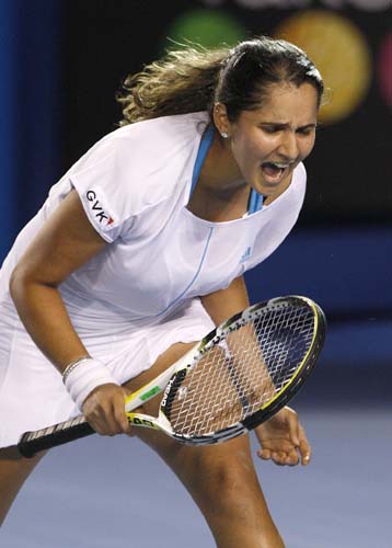 Sania Mirza reacts as she plays Venus Williams of the United States in a Women's singles third round match at the Australian Open tennis championships in Melbourne on Saturday, January 19, 2008. Day 6: Australian Open