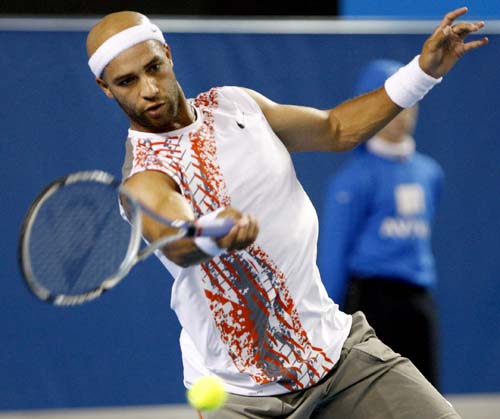 James Blake of the United States returns to Sebastien Gosjean of France during their men's singles third round match at the Australian Open tennis championships in Melbourne on Saturday, January 19, 2008. Day 6: Australian Open