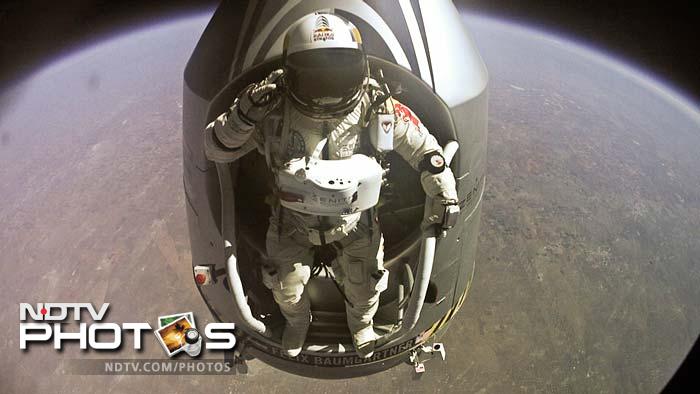 The 43-year-old leapt from a capsule more than 24 miles (39 kilometers) above the Earth, reaching a top speed of 833.9 miles per hour, or 1.24 times the speed of sound, according to organizers. This was his stance just before the jump.