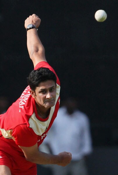Royal Challengers Bangalore Skipper Anil Kumble bowls during a practice session ahead of their match against Chennai Super Kings at Chinnaswami Stadium in Bangalore on Monday. (PTI Image) Royal Challengers' net session