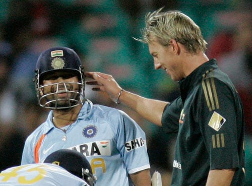 Sachin Tendulkar celebrates after hitting a century against Australia during the first final of their tri-nations one-day international series at the Sydney Cricket Ground on Sunday, March 2, 2008. First final - India vs Australia