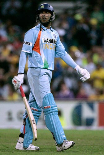 Yuvraj Singh walks off after he was bowled out for 10 runs against Australia during the first final of their tri-nations one-day international series at the Sydney Cricket Ground on Sunday, March 2, 2008. Australia made 239 in their innings. First final - India vs Australia