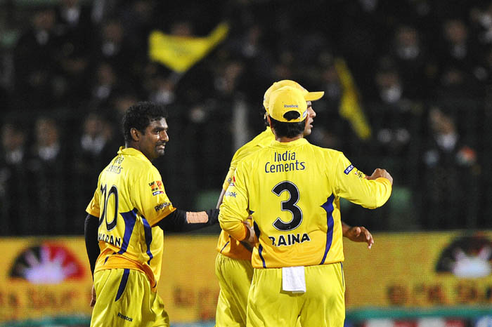 Chennai Super Kings' bowler Muttiah Muralitharan celebrates with teammates the dismissal of Bushrangers batsman Matthew Wade during the Champions League Twenty20 League match between Bushrangers and Chennai Super Kings at St. Georges park Stadium in Port Elizabeth. (AFP Photo) CLT20: Victoria vs Chennai