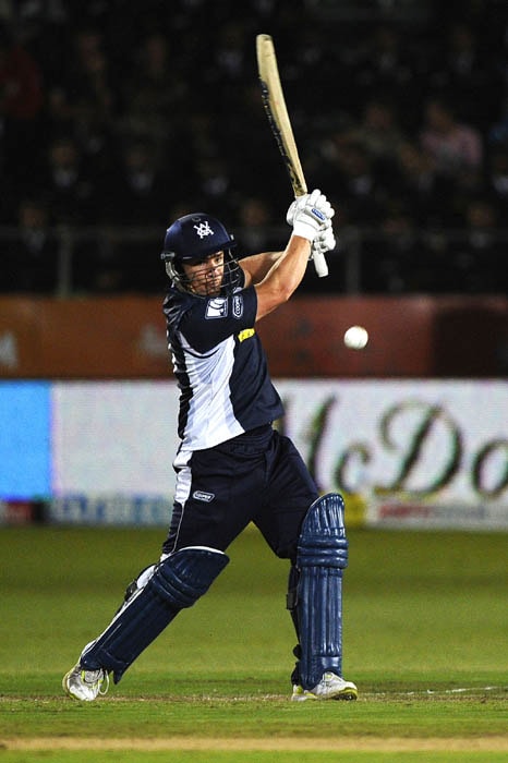 Bushrangers batsman Aaron Finch plays a stroke during the Champions League Twenty20 League match between Bushrangers and Chennai Super Kings at St. Georges park Stadium in Port Elizabeth. (AFP Photo) CLT20: Victoria vs Chennai