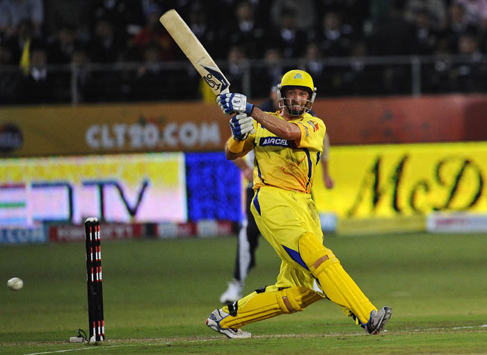 Chennai Super King's batsman Mike Hussey plays a stroke during the Champions League Twenty20 League match between Bushrangers and Chennai Super Kings at St. Georges park Stadium in Port Elizabeth. (AFP Photo) CLT20: Victoria vs Chennai