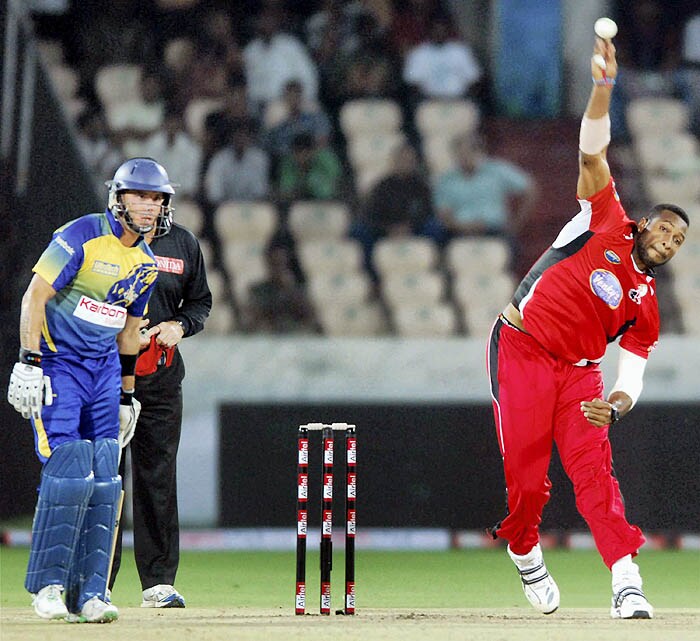 KA Pollard of Trinidad & Tobago in Action during the Champions League semi-final match against Cape Cobras at Rajiv Gandhi International Cricket Stadium, Hyderabad on Thursday. CLT20 2nd semis: T&T vs Cobras