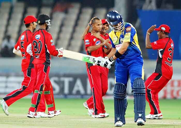 Players of Trinidad & Tobago celebrate the wicket of RK Kleinveldt during the Champions League semi-final match against Cape Cobras at Rajiv Gandhi International Cricket Stadium, Hyderabad on Thursday. CLT20 2nd semis: T&T vs Cobras