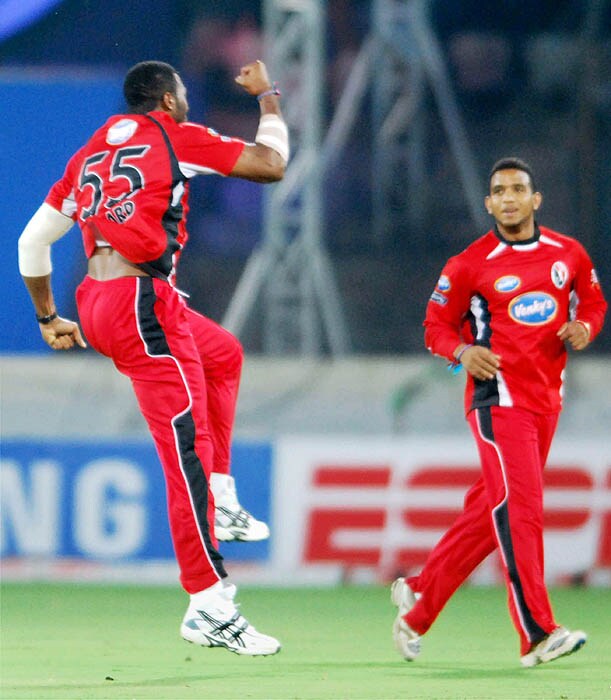 KA Pollard of Trinidad & Tobago celebrates the wicket of HH Gibbs during the Champions League semi-final match against Cape Cobras at Rajiv Gandhi International Cricket Stadium, Hyderabad on Thursday. CLT20 2nd semis: T&T vs Cobras