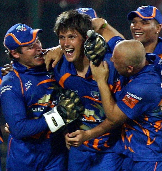 AB de Villiers of Diamond Eagles celebrates with his teammates as they win over Sussex Sharks during the Super Over at the Champion's League match in New Delhi on October 13, Tuesday. (PTI Photo) CLT20: Eagles vs Sussex