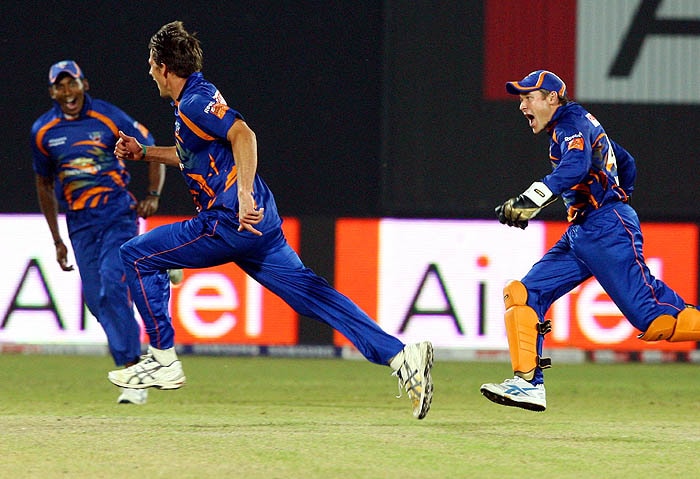 De Villiers of Diamond Eagles celebrates as they win over Sussex Sharks during the Super Over at the Champions League match in New Delhi on Tuesday. (PTI Photo) CLT20: Eagles vs Sussex
