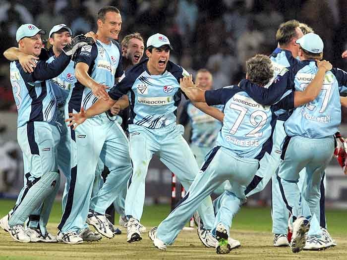 NSW Blues players celebrate after their victory over Trinidad & Tobago in their Champions League Twenty20 final match at Rajiv Gandhi International Cricket Stadium, in Hyderabad on October 23, 2009, Friday. (PTI Photo) CLT20 final: NSW vs Trinidad