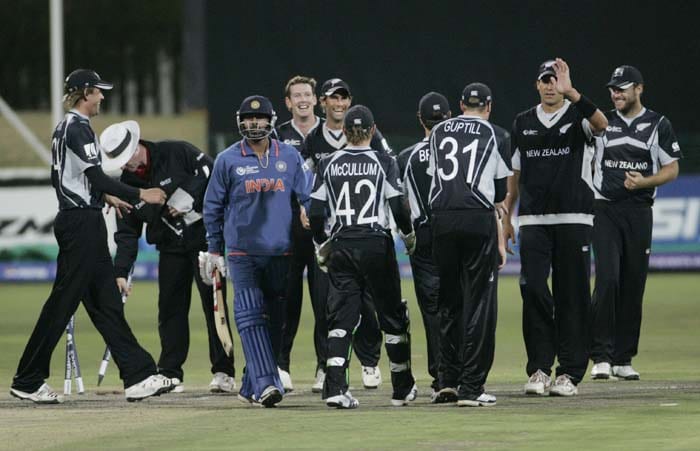 New Zealand players celebrate after India's Yusuf Pathan is bowled out during a warm up match between India and New Zealand ahead of the Champions Trophy at Potchefstroom on September 20, 2009. (AP Photo) CT: Ind vs NZ warm-up tie