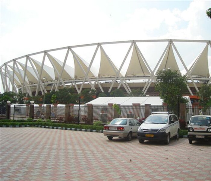 Pretty in daylight too. Clearly Delhi's main stadium does not need the cover of darkness to look world class. Seen here from the parking lot. (NDTV Photo)