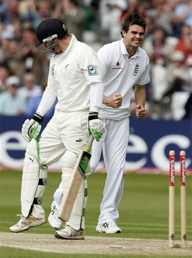 England's James Anderson celebrates the wicket of New Zealand's Brendon McCullum during day two of their 3rd Test match, at Trent Bridge Stadium in Nottingham, England on June 6, 2008. Day 2: England vs New Zealand, 3rd Test