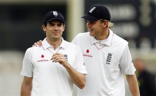 England's James Anderson is congratulated by teammate Stuart Broad as they head towards the pavilion as bad light stops play on day two of during their 3rd Test match against New Zealand, at Trent Bridge Stadium in Nottingham, England on June 6, 2008. Day 2: England vs New Zealand, 3rd Test