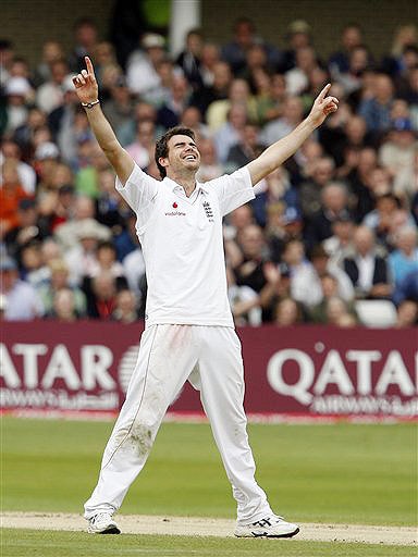 England's James Anderson celebrates the wicket of New Zealand's Gareth Hopkins, unseen, on day three of the 3rd Test match against England at Trent Bridge Stadium in Nottingham on June 7, 2008. Day 3: England vs New Zealand, 3rd Test