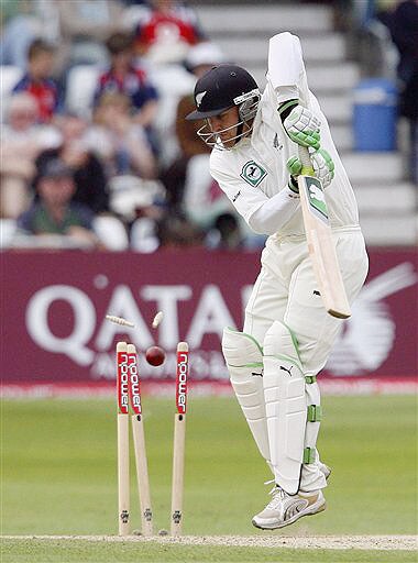 New Zealand's Brendon McCullum is bowled by England's James Anderson, unseen, on day three during their 3rd Test match at Trent Bridge Stadium, Nottingham on June 7, 2008. Day 3: England vs New Zealand, 3rd Test