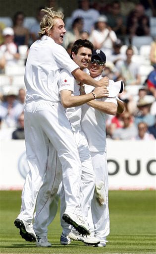 England bowler James Anderson, celebrates the last wicket to win the match with teammates Stuart Broad, left and Ian Bell, on the fourth day of the third Test Match against England at Trent Bridge Stadium in Nottingham on June 8, 2008. Day 4: England vs New Zealand, 3rd Test