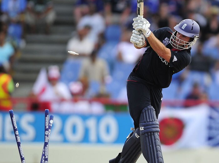 English batsmen Michael Lumb is bowled out during the ICC World Twenty20 first semifinal match between Sri Lanka and England at the Beausejour Cricket Ground. (AFP Photo) WT20: Eng vs SL