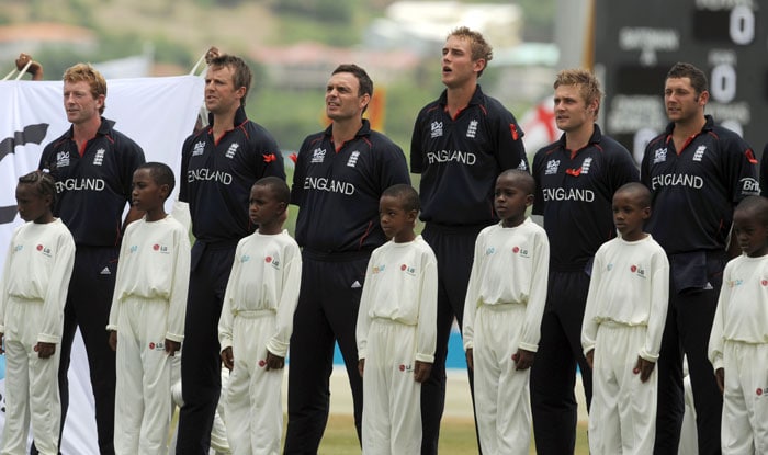 England cricketers sing the national anthem before the start of during the ICC World Twenty20 first semifinal match between Sri Lanka and England at the Beausejour Cricket Ground. (AFP Photo) WT20: Eng vs SL