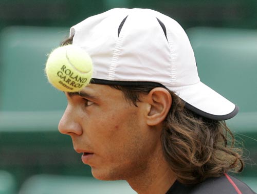 Defending champion Spain's Rafael Nadal is seen during a training session on Thursday at the Roland Garros stadium in Paris. The French Open tennis tournament starts on Sunday. French Open 2008