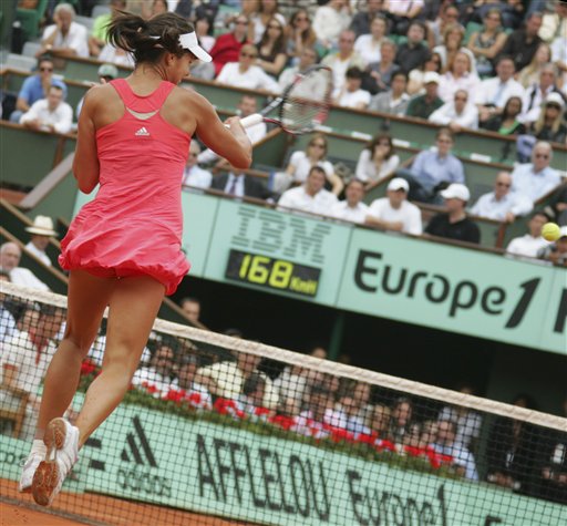 Serbia's Ana Ivanovic returns the ball during her semifinal match against Serbia's Jelena Jankovic at the French Open tennis tournament in Paris on Thursday June 5, 2008. French Open 2008, Day 12