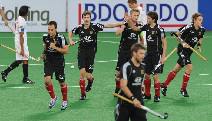 German hockey players celebrate their sixth goal against Canada during their World Cup 2010 match at the Major Dhyan Chand Stadium in New Delhi. (AFP Photo) Germany rout Canada